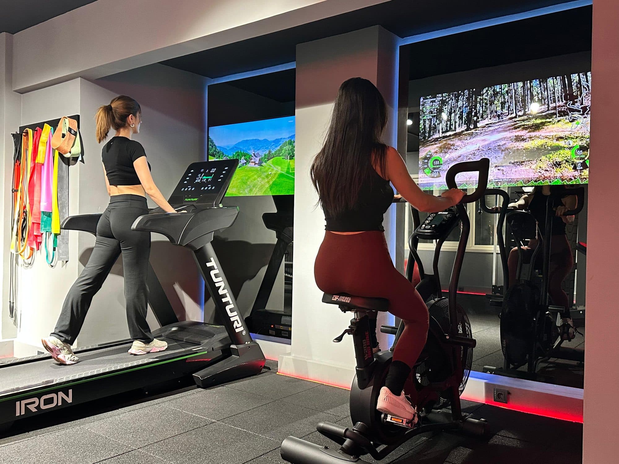 Doğa manzaralı ekranların önünde biri koşu bandında yürüyen, diğeri air bike süren iki kadın